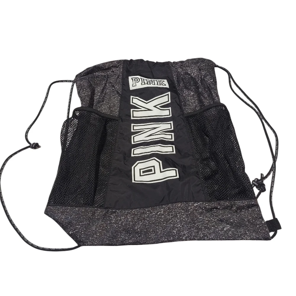 Victoria's Secret Drawstring Black Gray Backpack Bag